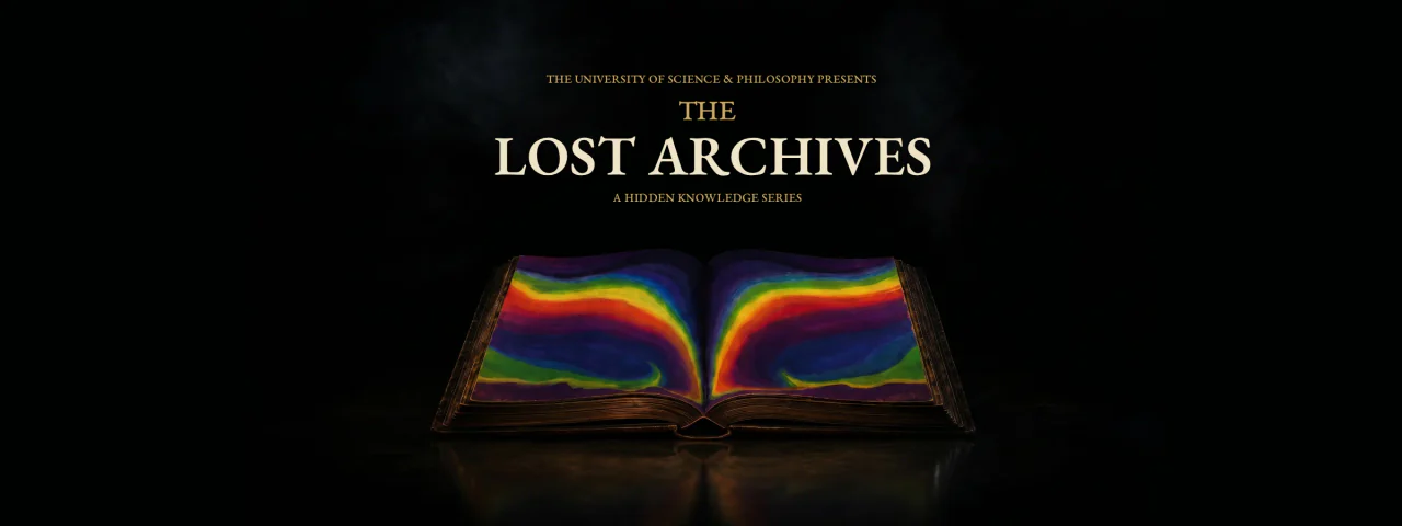 The Lost Archives identity set over an open archival book