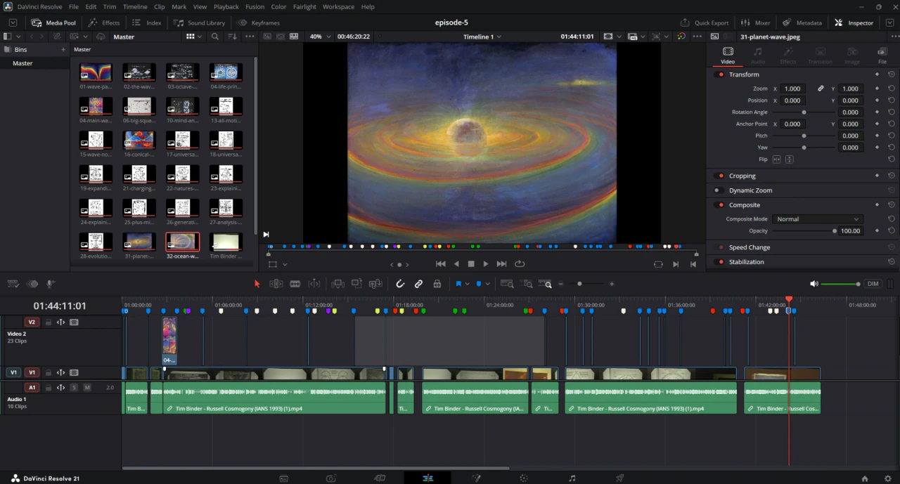 Actual documentary editing workspace with picture and sound timeline