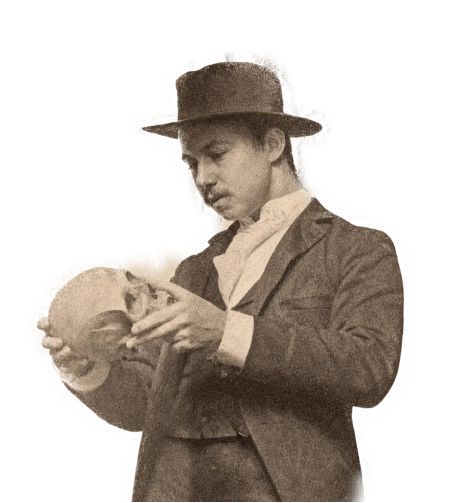 Walter Russell in a hat, holding a skull, restored and isolated for production