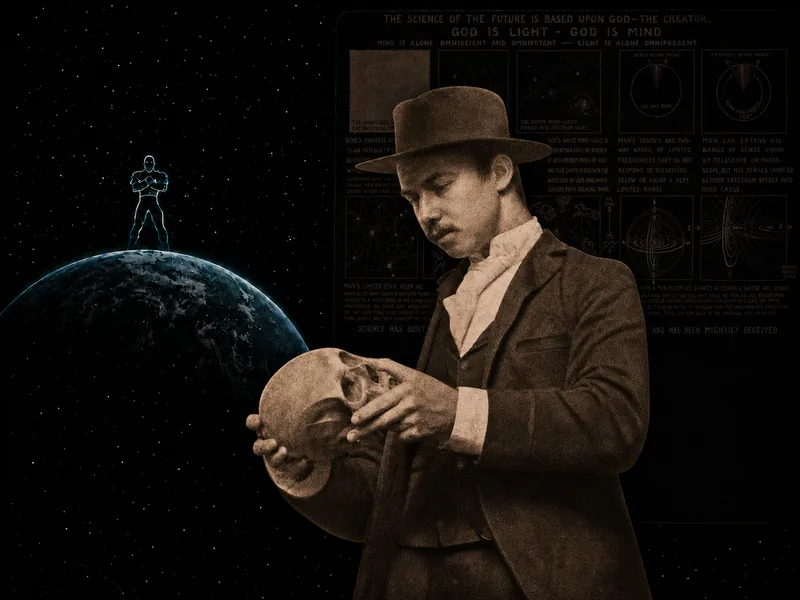 The Missing Half of Science release artwork, featuring Walter Russell and archival diagrams